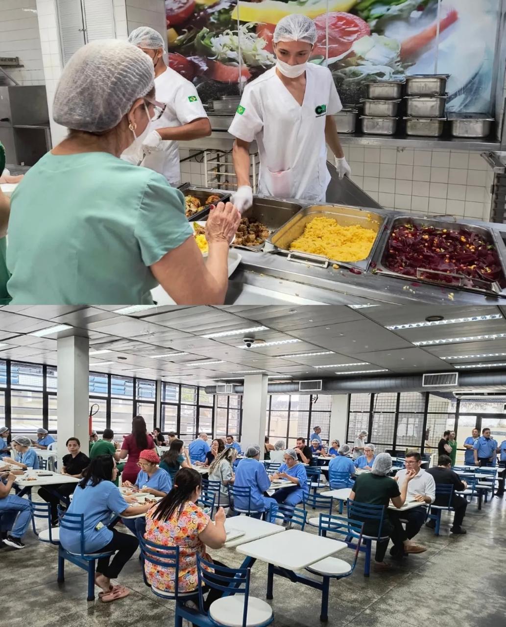 Equipe uniformizada da CRS Alimentos servindo refeições
